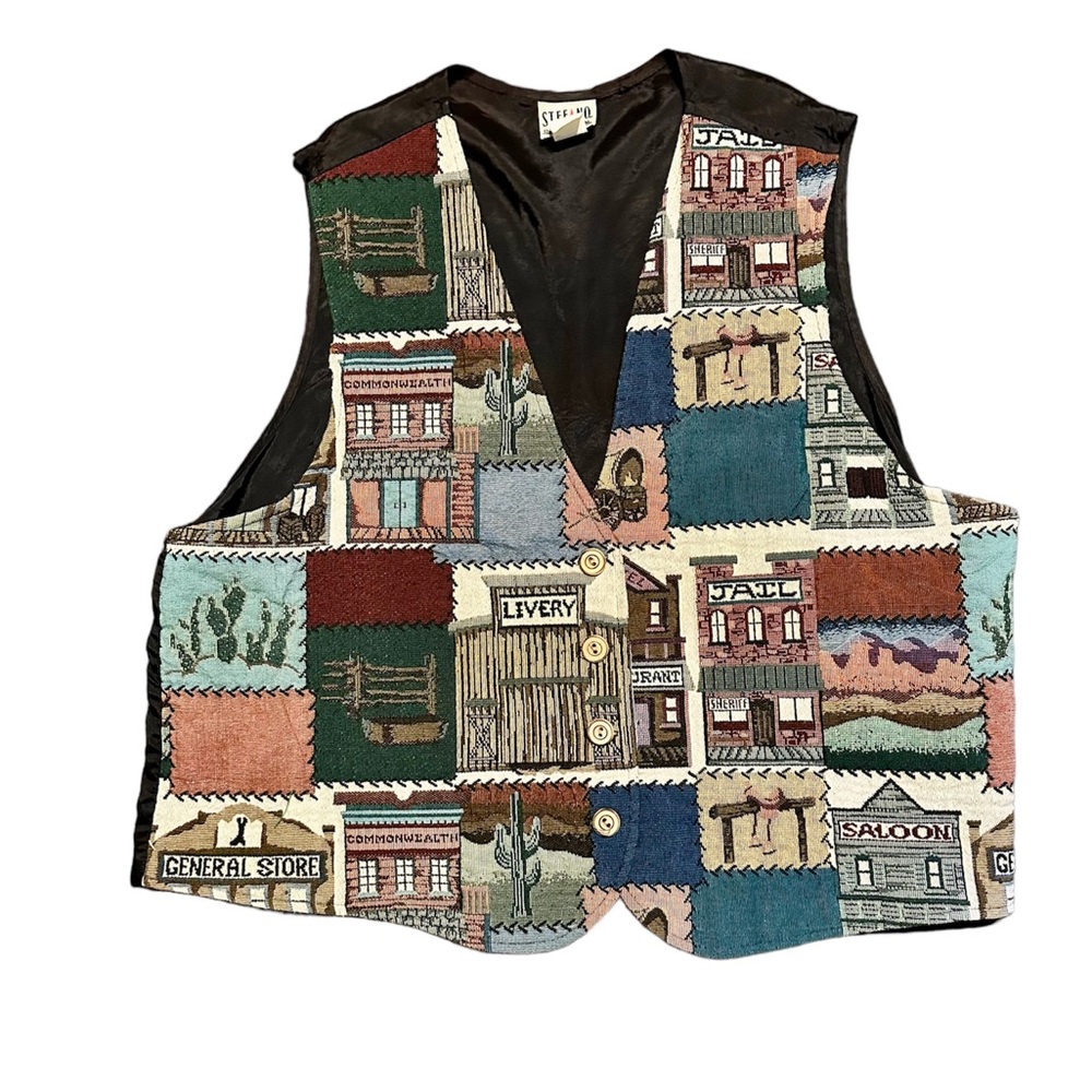 Vintage 90s Cottagecore Western Town Scene Tapestry Vest